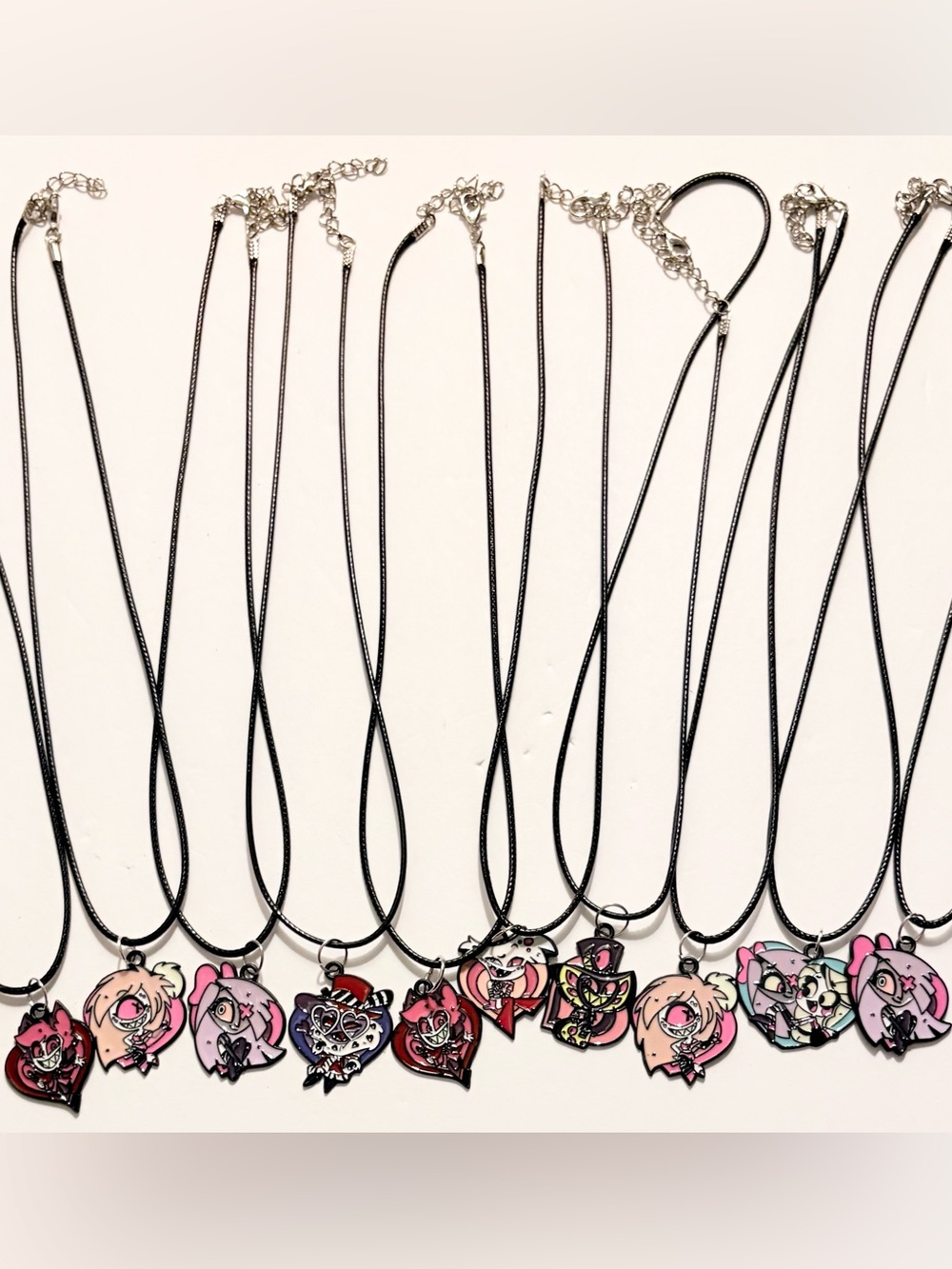Bundle of 10 Anime Charm Black Cord Necklace with Pink Accent Pendant